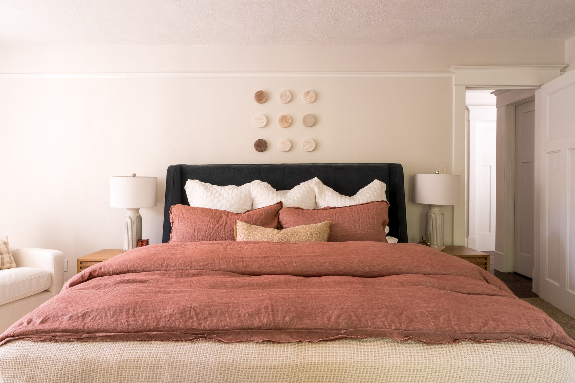 New construction bedroom styled from plans to the finished room